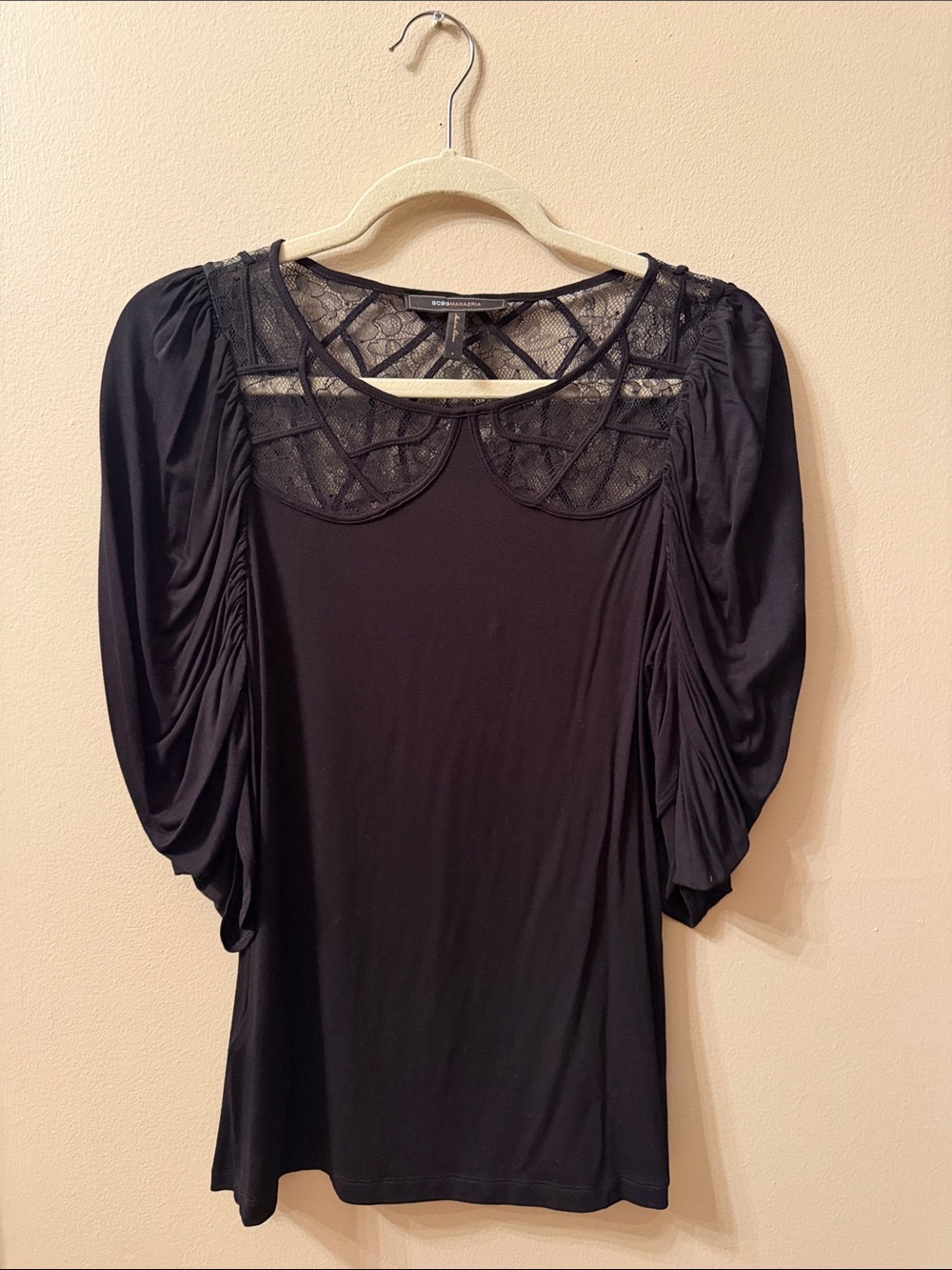 BCBGMaxAzria Black Lace Yoke Draped Sleeve Chemise